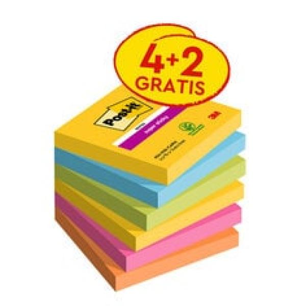 Post-it® Super Sticky Notes, Carnival Collection, 76 mm x 76 mm, Promotion, 90 Blatt/Block, 4 Blöcke + 2 Gratis/Packung, 100% PEFC SGSCH-PEFC-COC-110078