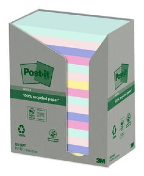 Post-it® Recycling Notes, Verschiedene Farben, 76 mm x 127 mm, 100 Blatt/Block, 16 Blöcke/Packung, 100% PEFC Recycled SGSCH-PEFC-COC-110078