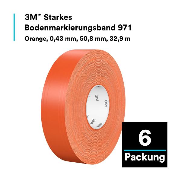 3M™ Langlebiges Bodenmarkierungsband 971, Orange, 50.8 mm x 32.9 m, 0.43 mm, Einzeln verpackt zur bequemen Entnahme