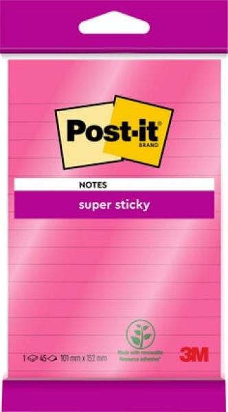 Post-it® Super Sticky Notes im Großformat, Pink, Liniert, 101 mm x 152 mm, 45 Blatt/Block, 1 Block/Packung, 100% PEFC SGSCH-PEFC-COC-110078