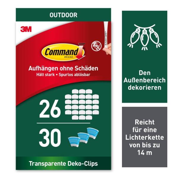 Command™ transparente Lichterketten-Clips für den Außenbereich AW017-26, 26 Clips + 30 Strips,