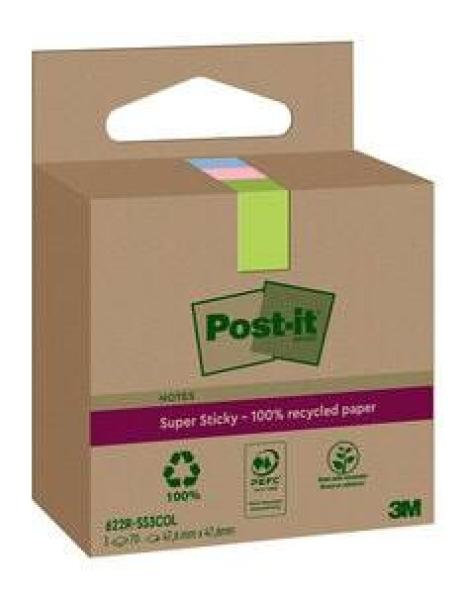 Post-It® Super Sticky 100 % Recycling Notes, Verschiedene Farben, 47.6 mm x 47.6 mm, 70 Blatt/Block, 3 Blöcke/Packung