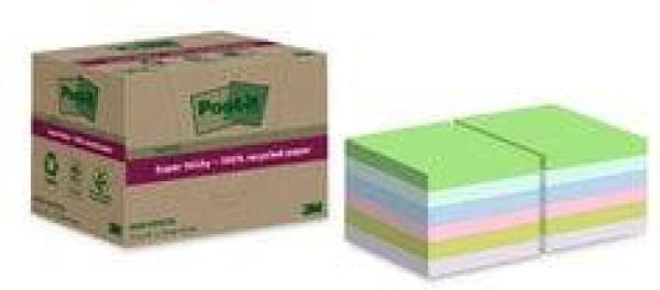 Post-It® Super Sticky 100 % Recycling Notes, Verschiedene Farben, 76 mm x 76 mm, 70 Blatt/Block, 12 Blöcke/Packung
