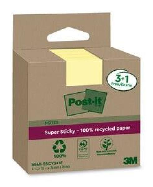 Post-It® Super Sticky 100 % Recycling Notes, Canary Yellow, 76 mm x 76 mm, Promo-Paket, 70 Blatt/Block, 3 Blöcke + 1 Gratis/Pack