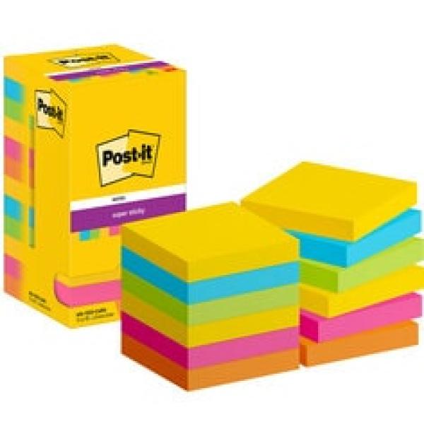 Post-it® Super Sticky Notes, Carnival Collection, 76 mm x 76 mm, 90 Blatt/Block, 12 Blöcke/Packung, Kartonverpackung, 100% PEFC SGSCH-PEFC-COC-110078