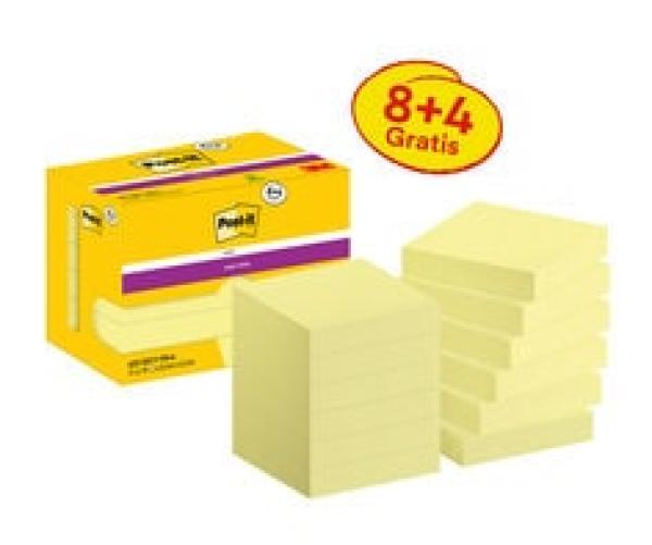 Post-it® Super Sticky Notes, Gelb, 47.6 mm x 47.6 mm, Promotion, 90 Blatt/Block, 8 Blöcke + 4 Gratis/Packung, Kartonverpackung, 100% PEFC SGSCH-PEFC-COC-110078