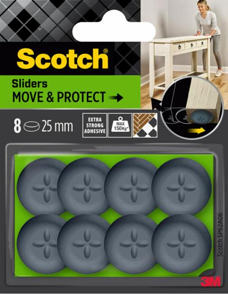 Scotch® Move & Protect Gleiter SP62A06, selbsthaftend, grau, Ø 25 mm, 8/Packung – 150 kg
