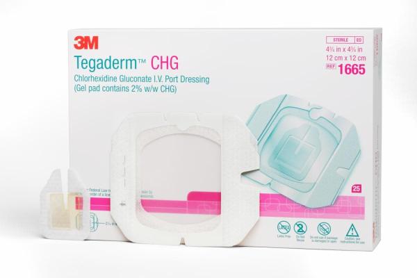 3M™ Tegaderm™ CHG, Chlorhexidingluconat I.V.- Fixierverband, 1665R,  12 cm x 12 cm, Gelpad: 6.2 cm x 4.9 cm, 25 Stück/Karton