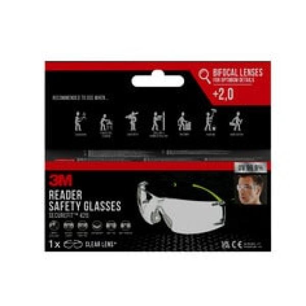 3M™ SecureFit™ Schutzbrille mit Lesebrille SF420, +2,0 Dioptrien, Antikratz-Beschichtung, klare Scheibe, 1 Stück/Karton