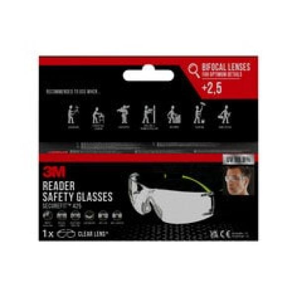 3M™ SecureFit™ Schutzbrille mit Lesebrille SF425, +2,5 Dioptrien, Antikratz-Beschichtung, klare Scheibe, 1 Stück/Karton
