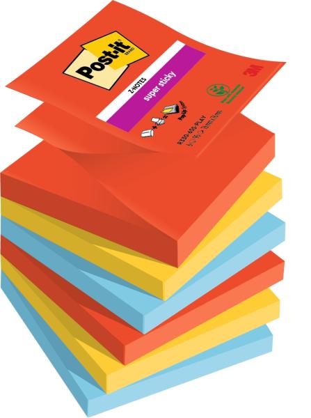 Post-it® Super Sticky Z-Notes, Playful Collection, 76 mm x 76 mm, 90 Blatt/Block, 6 Blöcke/Packung, 100% PEFC, SGSCH-PEFC-COC-110078