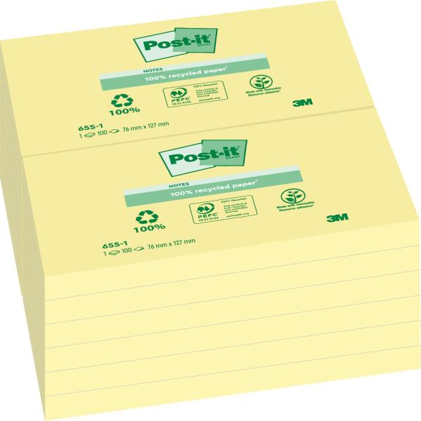 Post-it® Recycling Notes 6551GE, Gelb, 76 x 127 mm, 12 Blöcke à 100 Blatt