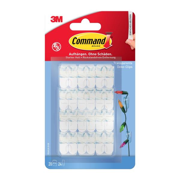 Command™ Dekorations-Clips 17026CLR-20-DE, transparent, mit transparenten Strips, 20 Clips + 24 Streifen