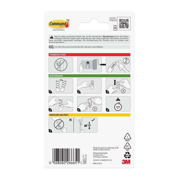 Command™ Drahthaken 17067CLR-3-DE, klein, transparent, mit transparenten Strips, 3 Haken + 4 Strips