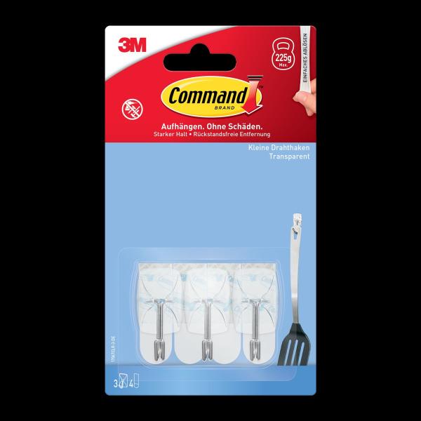 Command™ Drahthaken 17067CLR-3-DE, klein, transparent, mit transparenten Strips, 3 Haken + 4 Strips