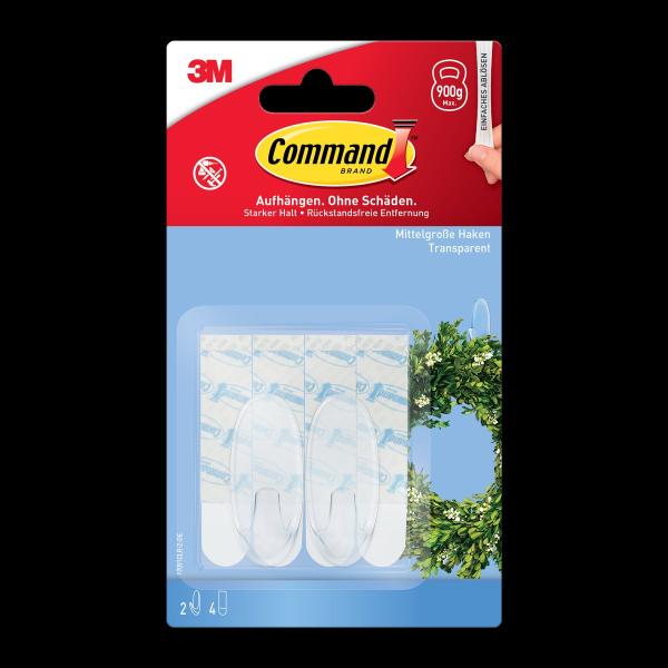 Command™ Haken 17091CLR-2-DE, mittelgroß, transparent mit transparenten Strips, 2 Haken + 4 Strips