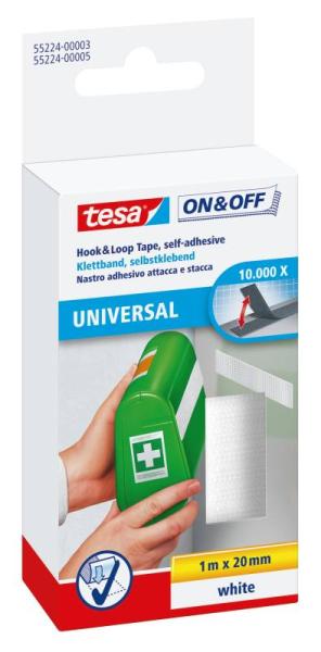 tesa® On & Off Klettband zum Aufkleben, 1m x 20mm, weiss