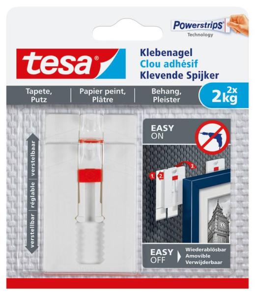tesa® Verstellbarer Klebenagel für Tapeten und Putz (2 kg), Packung mit 2 Stück