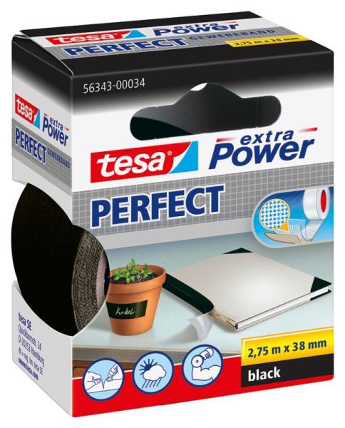tesa extra Power® Perfect Gewebeband, 2,75m x 38mm, schwarz