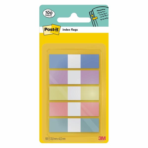 Post-it® Index Haftstreifen Mini, Sortierte Pastellfarben, 11,9 mm x 43,2 mm, 20 Streifen pro Farbe, 100 Streifen/Spender, 1 Spender/Pack
