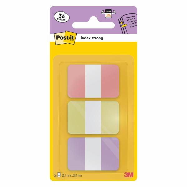 Post-it® Index Strong, Pastell Rosa, Gelb und Lila, 25,4 mm x  38,1 mm, 36 Haftstreifen/Etui, 1 Etui/Pack