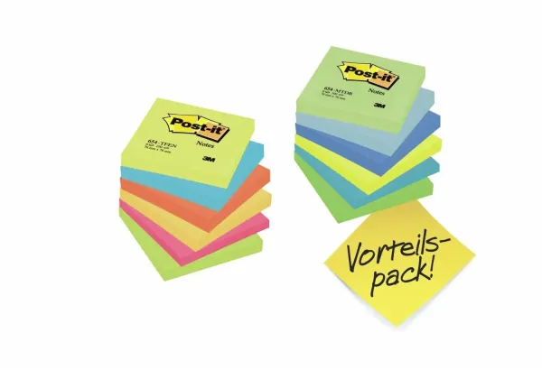 Post-it® Notes 654ENDRP, 76 x 76 mm, verschiedene Farben, 12 Blöcke á 100 Blatt