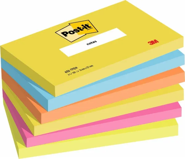 Post-it® Notes, Energetic Collection, 127 mm x 76 mm, 100 Blatt/Block, 6 Blöcke/Packung, 100% PEFC, SGSCH-PEFC-COC-110078