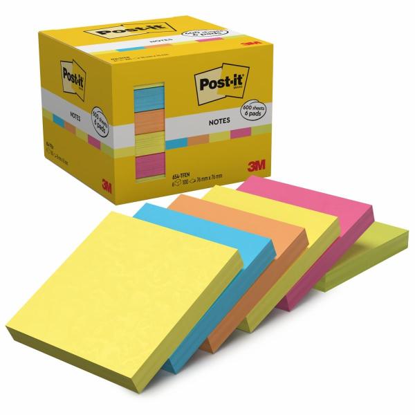 Post-it® Notes, Energetic Collection, 76 mm x 76 mm, 100 Blatt/Block, 6 Blöcke/Packung, Kartonverpackung, 100% PEFC, SGSCH-PEFC-COC-110080