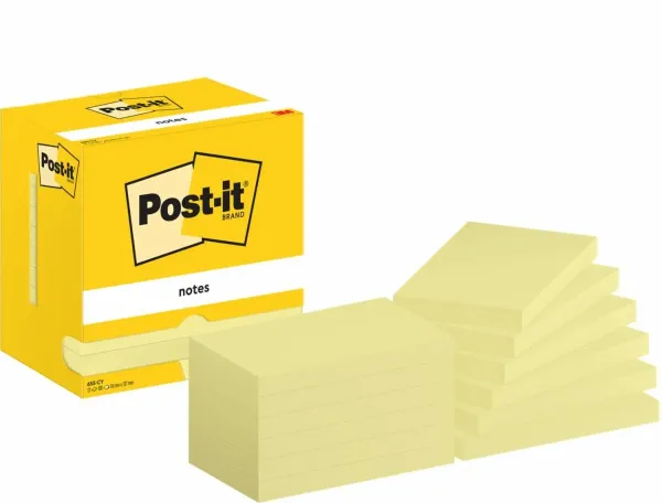 Post-it® Notes, Gelb, 127 mm x 76 mm, 100 Blatt/Block, 12 Blöcke/Packung, Kartonverpackung, 100% PEFC, SGSCH-PEFC-COC-110078
