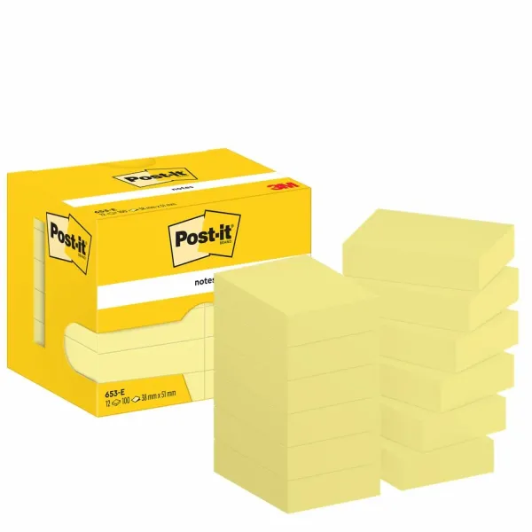 Post-it® Notes, Gelb, 38 mm x 51 mm, 100 Blatt/Block, 12 Blöcke/Packung, Kartonverpackung, 100% PEFC, SGSCH-PEFC-COC-110078