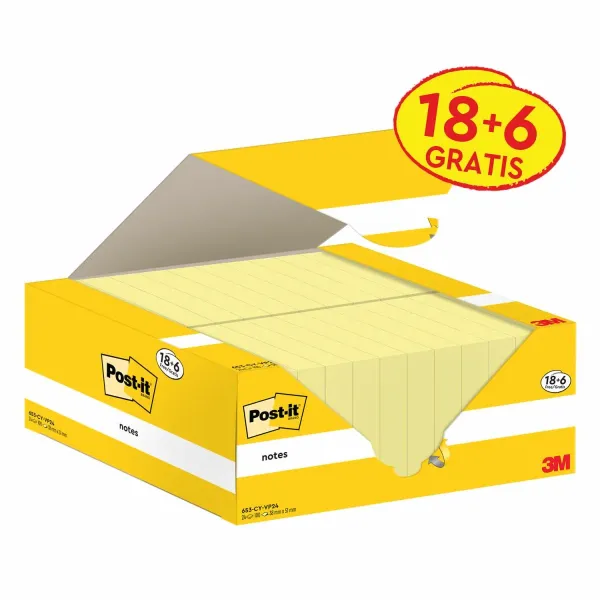 Post-it® Notes, Gelb, 38 mm x 51 mm, 100 Blatt/Block, 18 Blöcke + 6 Gratis/Packung, Kartonverpackung, 100% PEFC, SGSCH-PEFC-COC-110078
