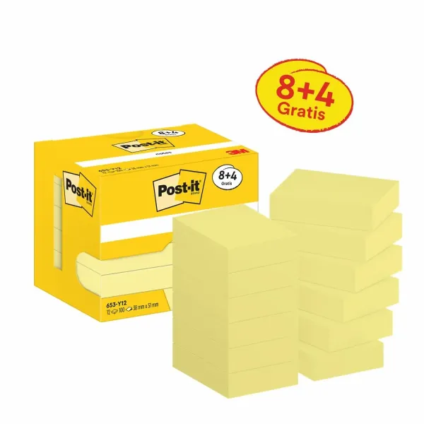 Post-it® Notes, Gelb, 38 mm x 51 mm, Promotion, 100 Blatt/Block, 8 Blöcke + 4 Gratis/Packung, Kartonverpackung, 100% PEFC, SGSCH-PEFC-COC-110078