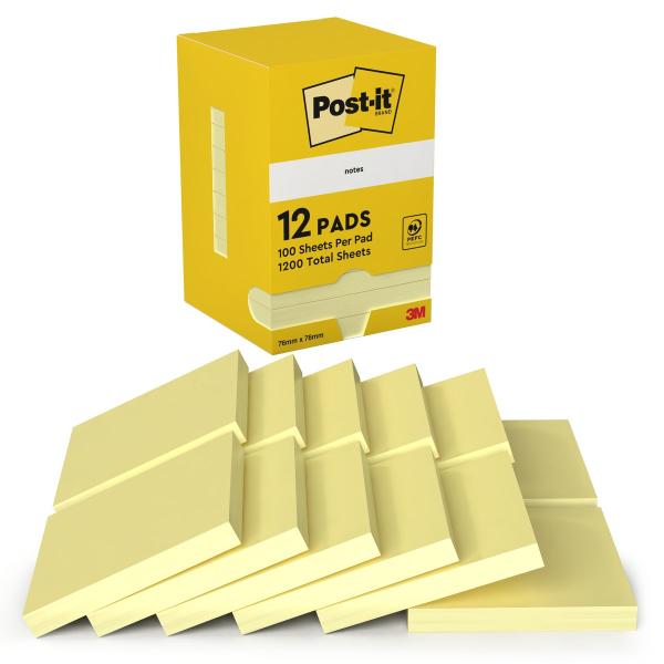 Post-it® Notes, Gelb, 76 mm x 76 mm, 100 Blatt/Block, 12 Blöcke/Packung, Kartonverpackung, 100% PEFC, SGSCH-PEFC-COC-110078