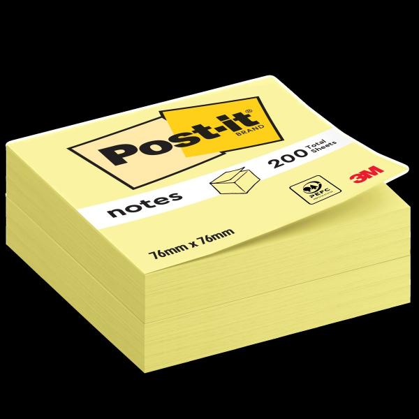 Post-it® Notes, Gelb, 76 mm x 76 mm, 100 Blatt/Block, 2 Blöcke/Packung, 100% PEFC, SGSCH-PEFC-COC-110078