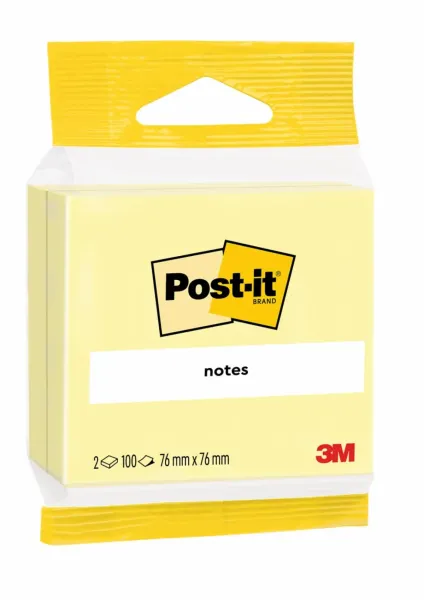 Post-it® Notes, Gelb, 76 mm x 76 mm, 100 Blatt/Block, 2 Blöcke/Packung, 100% PEFC, SGSCH-PEFC-COC-110078
