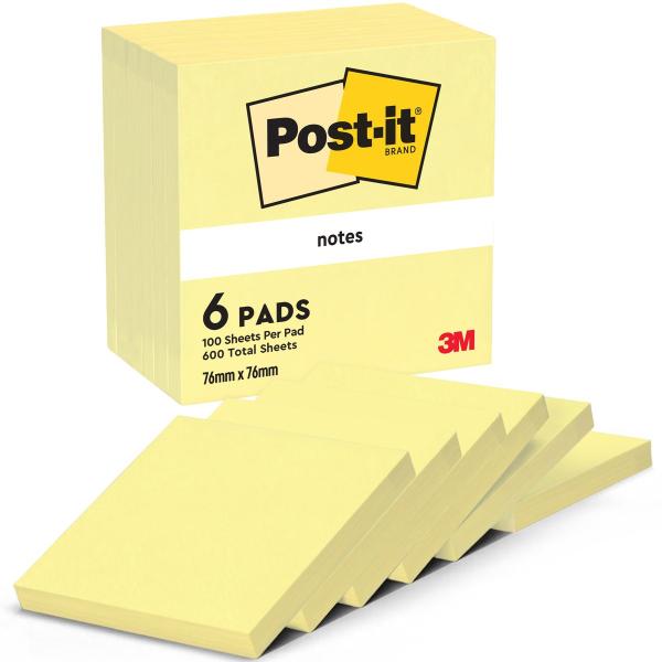 Post-it® Notes, Gelb, 76 mm x 76 mm, 100 Blatt/Block, 6 Blöcke/Packung, 100% PEFC, SGSCH-PEFC-COC-110078