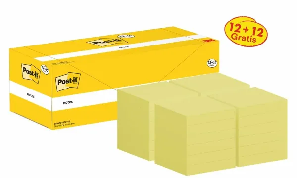 Post-it® Notes, Gelb, 76 mm x 76 mm, Promotion, 100 Blatt/Block, 12 Blöcke + 12 Gratis/Packung, Kartonverpackung, 100% PEFC, SGSCH-PEFC-COC-110078
