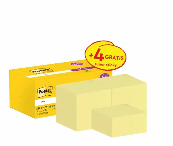 Post-it® Notes, Gelb, 76 mm x 76 mm, Promotion, 100 Blatt/Block, 14 Blöcke/Packung + Post-it® Super Sticky Notes, Gelb, 76 mm x 76 mm, 90 Blatt/Block, 4 Blöcke Gratis/Packung, 100% PEFC, SGSCH-PEFC-COC-110078