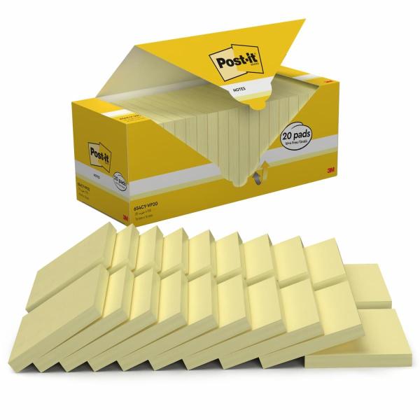 Post-it® Notes, Gelb, 76 mm x 76 mm, Promotion, 100 Blatt/Block, 16 Blöcke + 4 Gratis/Packung, Kartonverpackung, 100% PEFC, SGSCH-PEFC-COC-110078