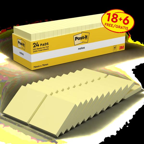 Post-it® Notes, Gelb, 76 mm x 76 mm, Promotion, 100 Blatt/Block, 18 Blöcke + 6 Gratis/Packung, 100% PEFC, SGSCH-PEFC-COC-110078