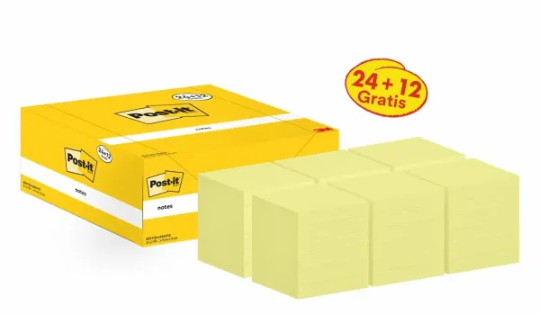 Post-it® Notes, Gelb, 76 mm x 76 mm, Promotion, 100 Blatt/Block, 24 Blöcke + 12 Gratis/Packung, Kartonverpackung, 100% PEFC, SGSCH-PEFC-COC-110078