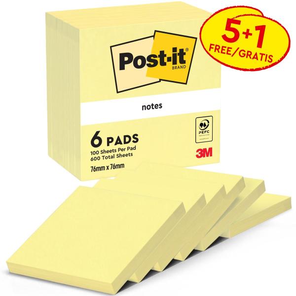 Post-it® Notes, Gelb, 76 mm x 76 mm, Promotion, 100 Blatt/Block, 5 Blöcke + 1 Gratis/Packung, 100% PEFC, SGSCH-PEFC-COC-110078