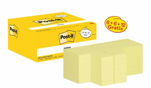 Post-it® Notes, Gelb, Verschiedene Größen, Promotion, 100 Blatt/Block, 12 Blöcke + 12 Gratis/Packung, Kartonverpackung, 100% PEFC, SGSCH-PEFC-COC-110078