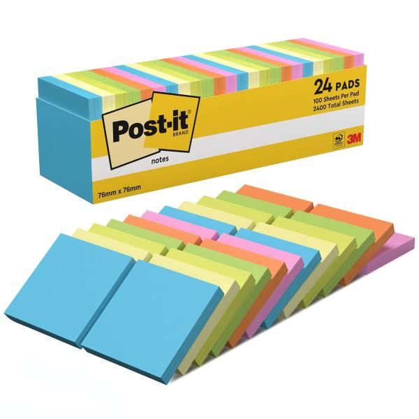 Post-it® Notes, Verschiedene Neonfarben, 76 mm x 76 mm, 100 Blatt/Block, 24 Blöcke/Packung, 100% PEFC SGSCH-PEFC-COC-110078