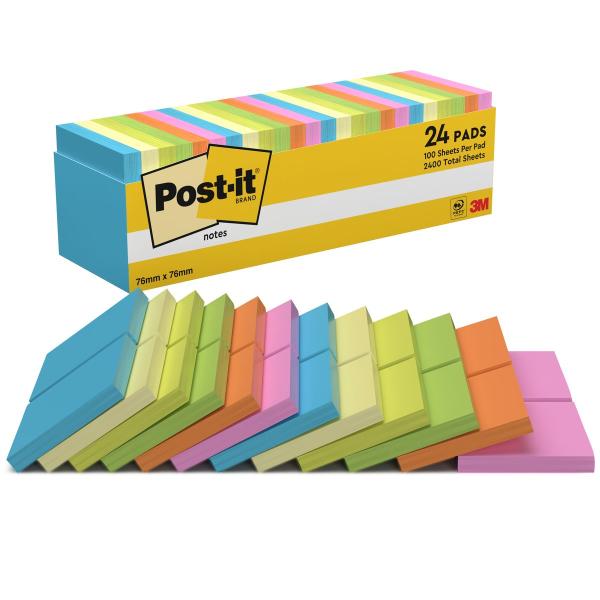 Post-it® Notes, Verschiedene Neonfarben, 76 mm x 76 mm, 100 Blatt/Block, 24 Blöcke/Packung, 100% PEFC SGSCH-PEFC-COC-110078