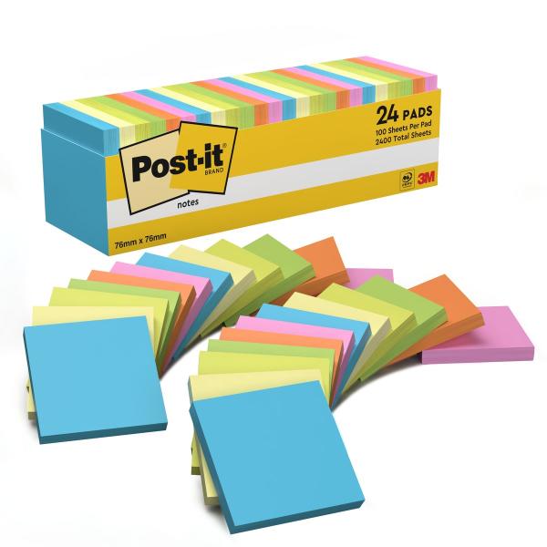 Post-it® Notes, Verschiedene Neonfarben, 76 mm x 76 mm, 100 Blatt/Block, 24 Blöcke/Packung, 100% PEFC SGSCH-PEFC-COC-110078