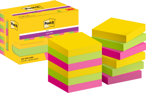 Post-it® Super Sticky Notes, Carnival Collection, 47.6 mm x 47.6 mm, 90 Blatt/Block, 12 Blöcke/Packung, Kartonverpackung, 100% PEFC, SGSCH-PEFC-COC-110078