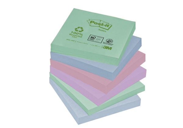 Post-it® Recycling Notes 6514-1RP, verschiedene Farben, 76 x 76 mm, 12 Blöcke à 100 Blatt, 100% PEFC Recycled SGSCH-PEFC-COC-110078