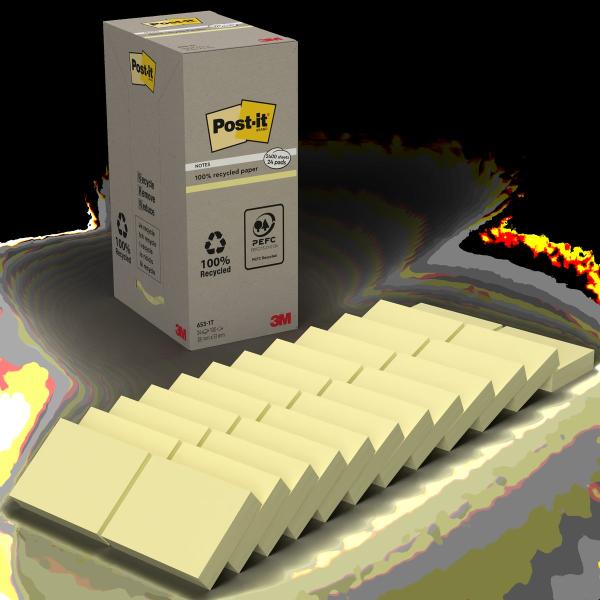 Post-it® Recycling Notes, Gelb, 38 mm x 51 mm, 100 Blatt/Block, 24 Blöcke/Packung, 100% PEFC, SGSCH-PEFC-COC-110078