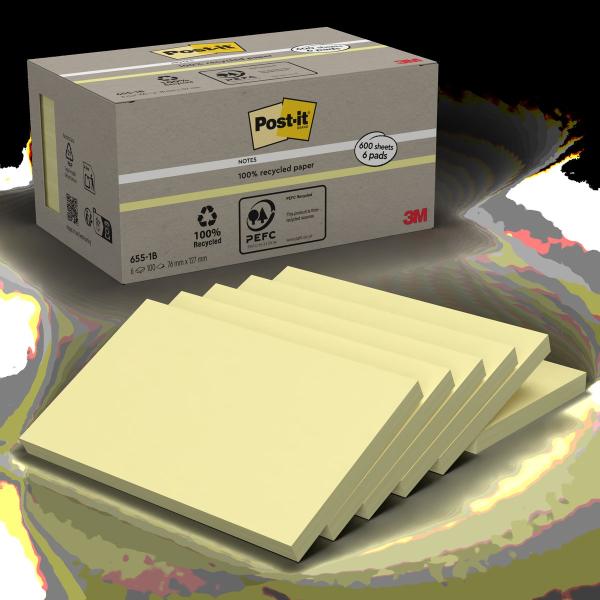 Post-it® Recycling Notes, Gelb, 127 mm x 76 mm, 100 Blatt/Block, 6 Blöcke/Packung, 100% PEFC, SGSCH-PEFC-COC-110078